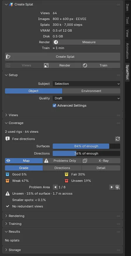 The SplatPilot tab after a check of two rigs: Create Splat and Setup, the closed Views panel, and the Coverage panel with 2 used rigs · 64 views, the verdict with its refresh button, the Surfaces and Directions bars, the Map, Problems Only and X-Ray buttons, the Grade, Directions and Detail tabs with the legend, the problem areas and the redundant views.