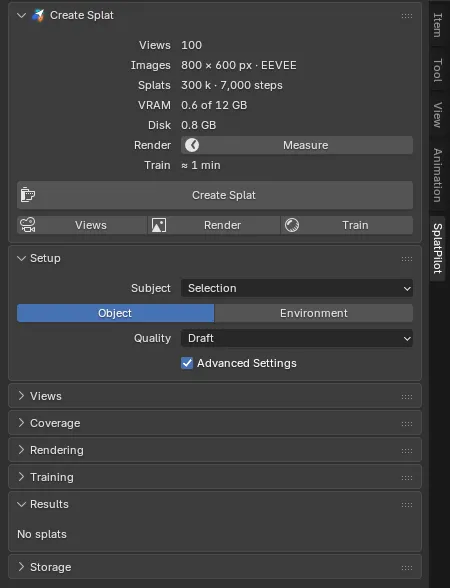 The SplatPilot tab: the Create Splat panel with the estimate rows Views, Images, Splats, VRAM and Disk, the Render row with its Measure button and the Train row, the Create Splat button and the Views, Render and Train buttons below it; then the Setup panel with Subject, Kind, Quality and the Advanced Settings checkbox, the closed Views, Coverage, Rendering and Training panels, the Results panel and the closed Storage panel.