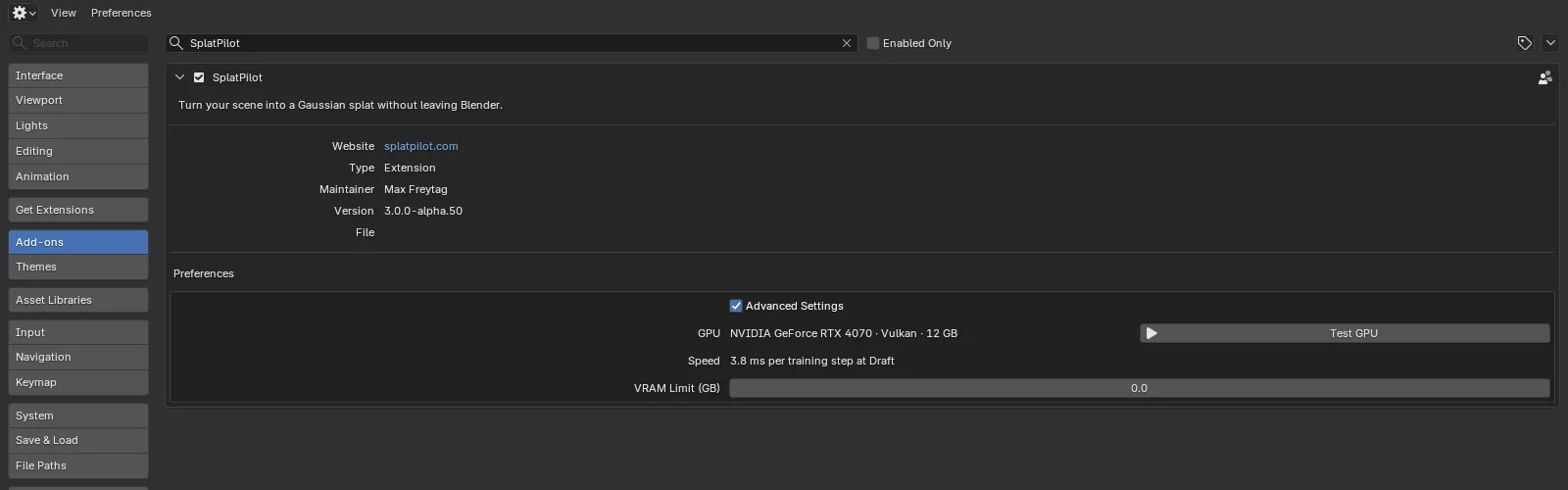 Blender's Preferences window on the Add-ons page with SplatPilot expanded: the Advanced Settings checkbox, the GPU row with the Test GPU button, the Speed row and the VRAM Limit field.