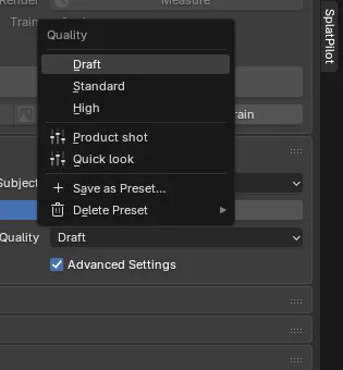 The open Quality menu: Draft, Standard and High, two saved presets below them, one with the team icon, and Save as Preset and Delete Preset at the bottom.