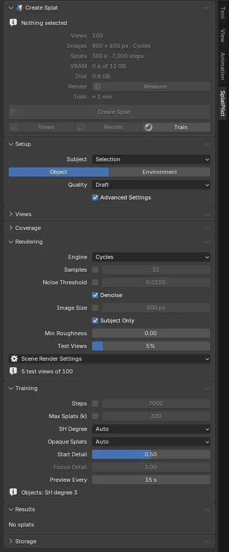 The Rendering and Training panels opened with Advanced Settings on: Engine (Cycles), Samples and Noise Threshold with their checkboxes, Denoise, Image Size with its checkbox, Subject Only, Min Roughness, Test Views, the Scene Render Settings button and the line on test views, then Steps and Max Splats with their checkboxes, SH Degree, Opaque Splats, Start Detail, Focus Detail, Preview Every and the line on what training does.