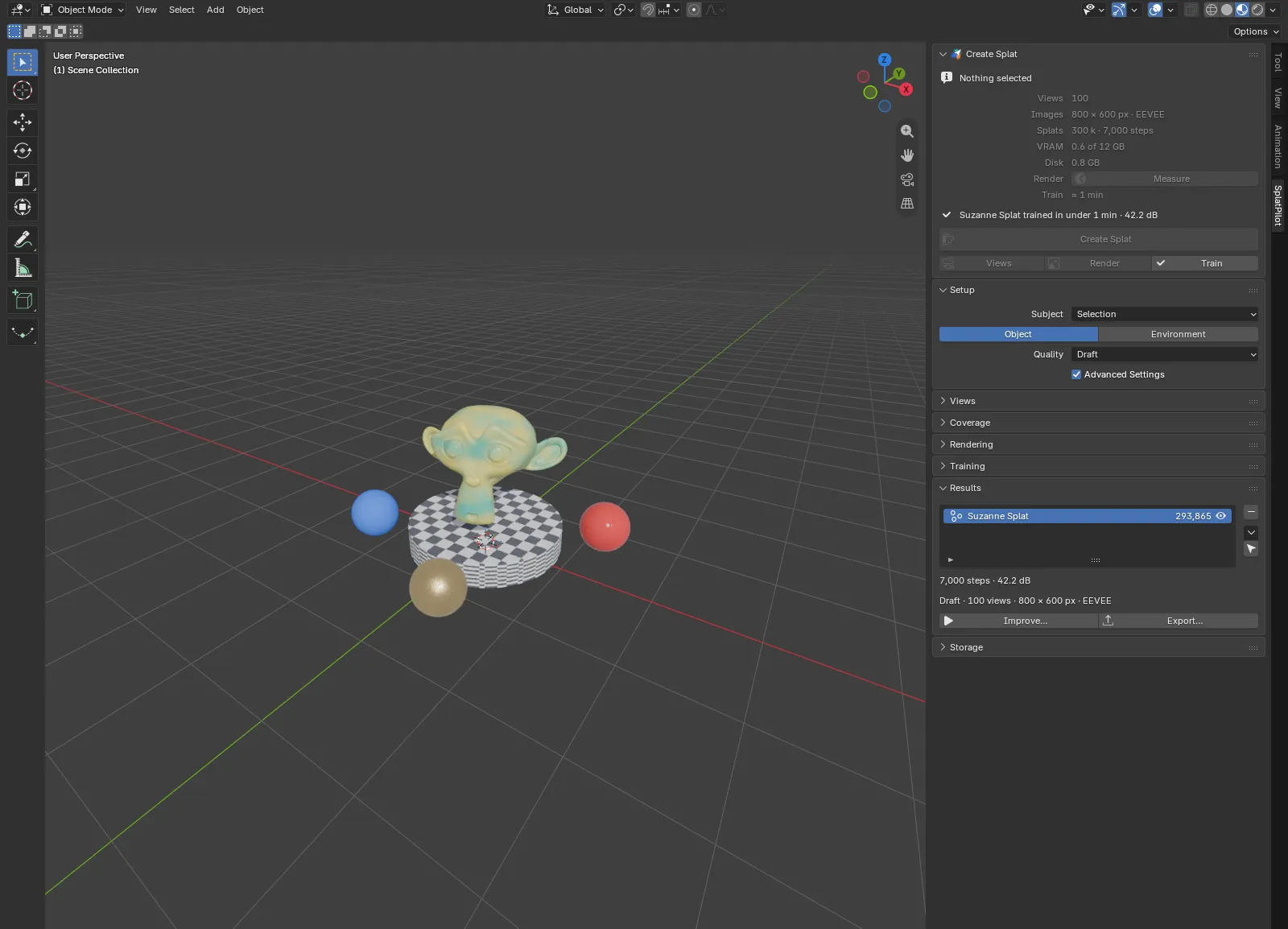 A finished splat in the viewport and the Results panel: the list of splats with their splat counts and eyes, the delete, menu and select buttons beside it, and below it the training steps and score, the recipe line, and the Improve and Export buttons.