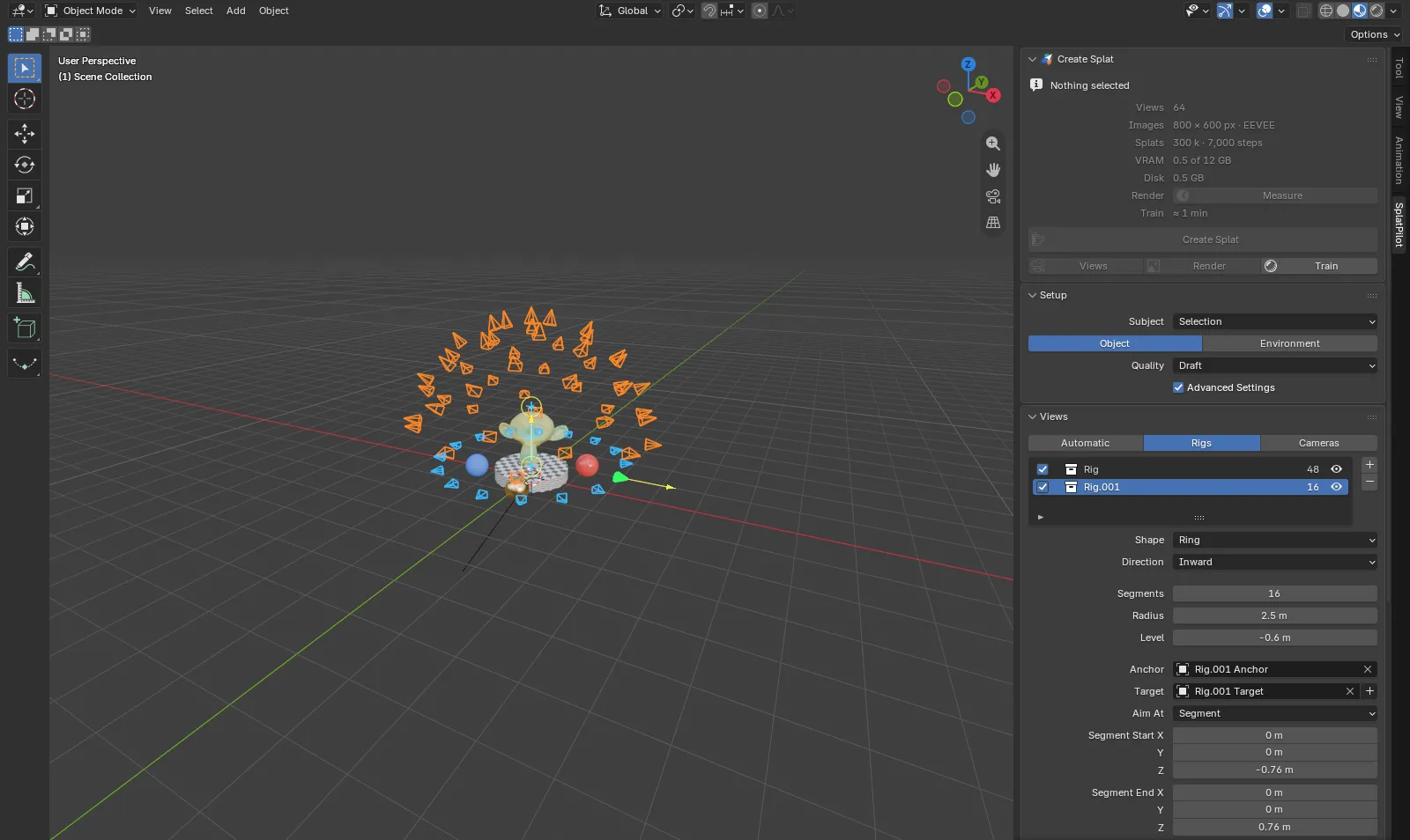 Two rigs in the Views panel's rig list, each with its number of views, the active rig's settings with a segment target, and the rig in the viewport with its views as orange frusta, the cyan target line and yellow handles.