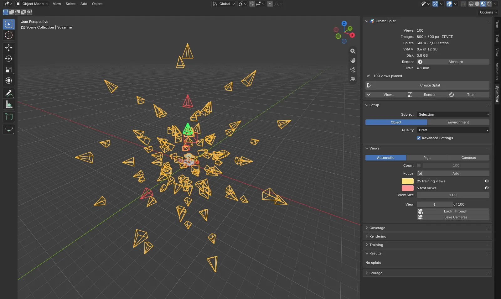 Planned views around an object in the 3D viewport: small amber camera frusta on spheres around the model, a few red test views among them.
